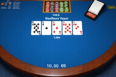 A virtual Caribbean Stud Poker table with cards and chips
