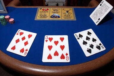 A virtual Three Card Poker table with cards and chips
