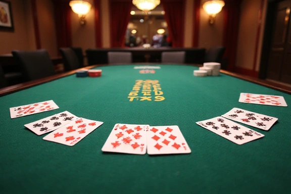 A virtual poker table with cards and chips, ready for a game of Texas Hold'em