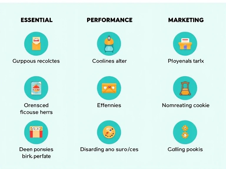 Graphic depicting various types of cookies such as essential, performance, and marketing, with different icons for each category.