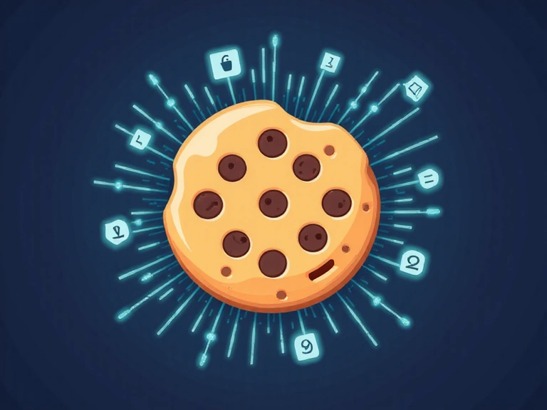 Illustration of a cookie icon with data flowing around it, symbolizing data collection and privacy.