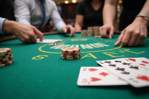 A close-up of a blackjack table with cards and chips, emphasizing strategic play
