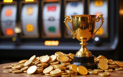 A golden trophy surrounded by virtual coins, symbolizing a grand slots tournament win