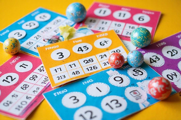Colorful bingo cards and balls, suggesting a lively bingo game